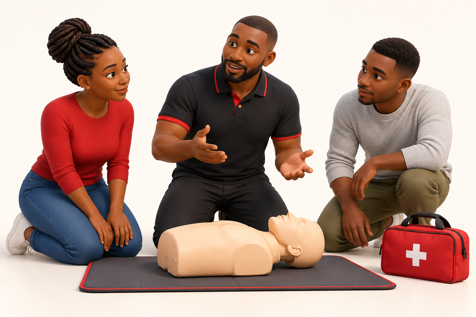 Illustration of adult learners discussing first aid with a facilitator and a CPR training mannequin