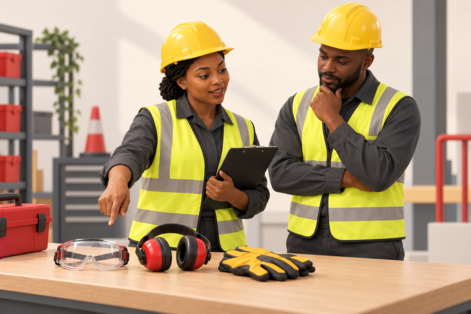 Illustration of safety practitioners reviewing protective equipment